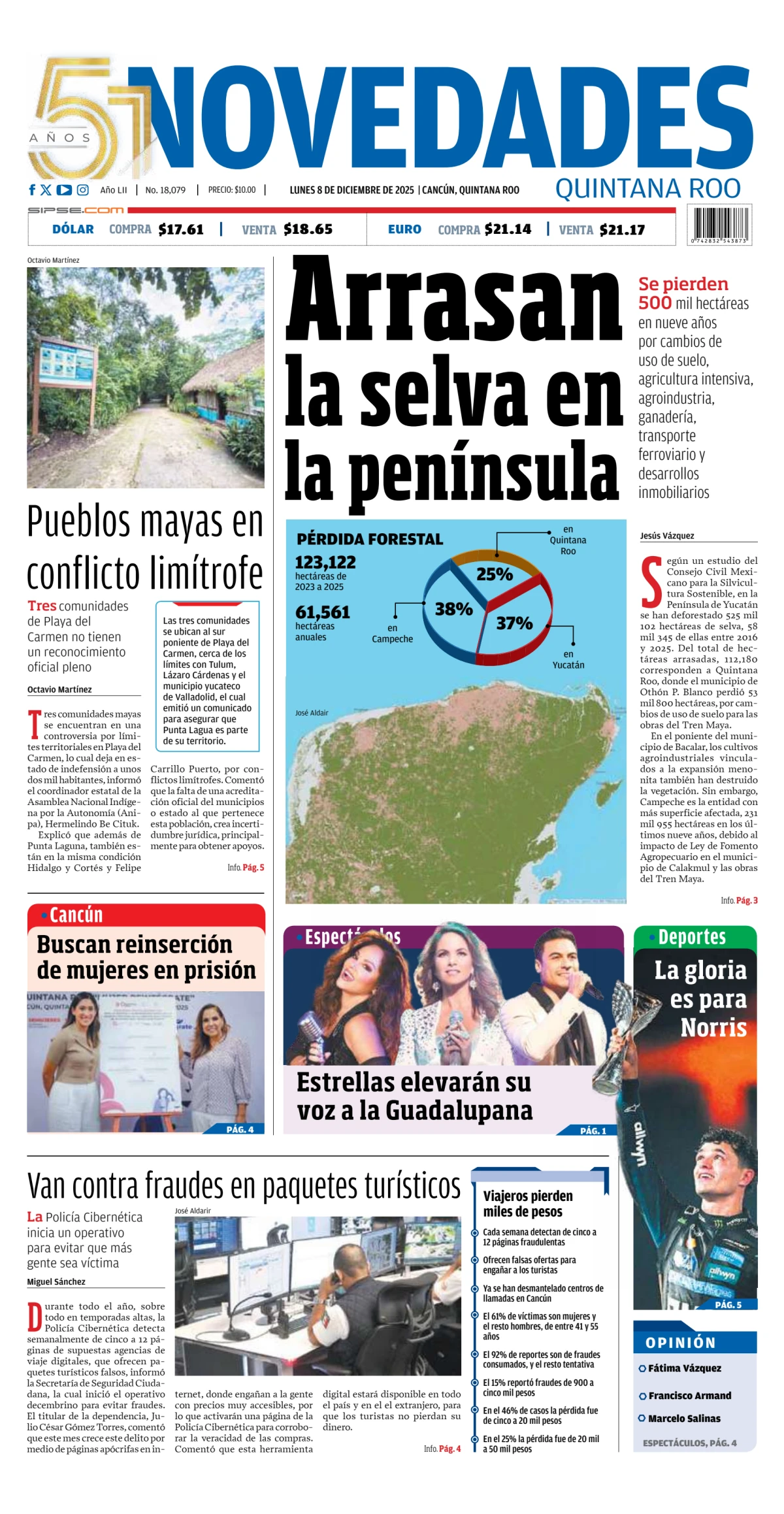 Portada de Novedades Quintana Roo del lunes, 8 de diciembre de 2025