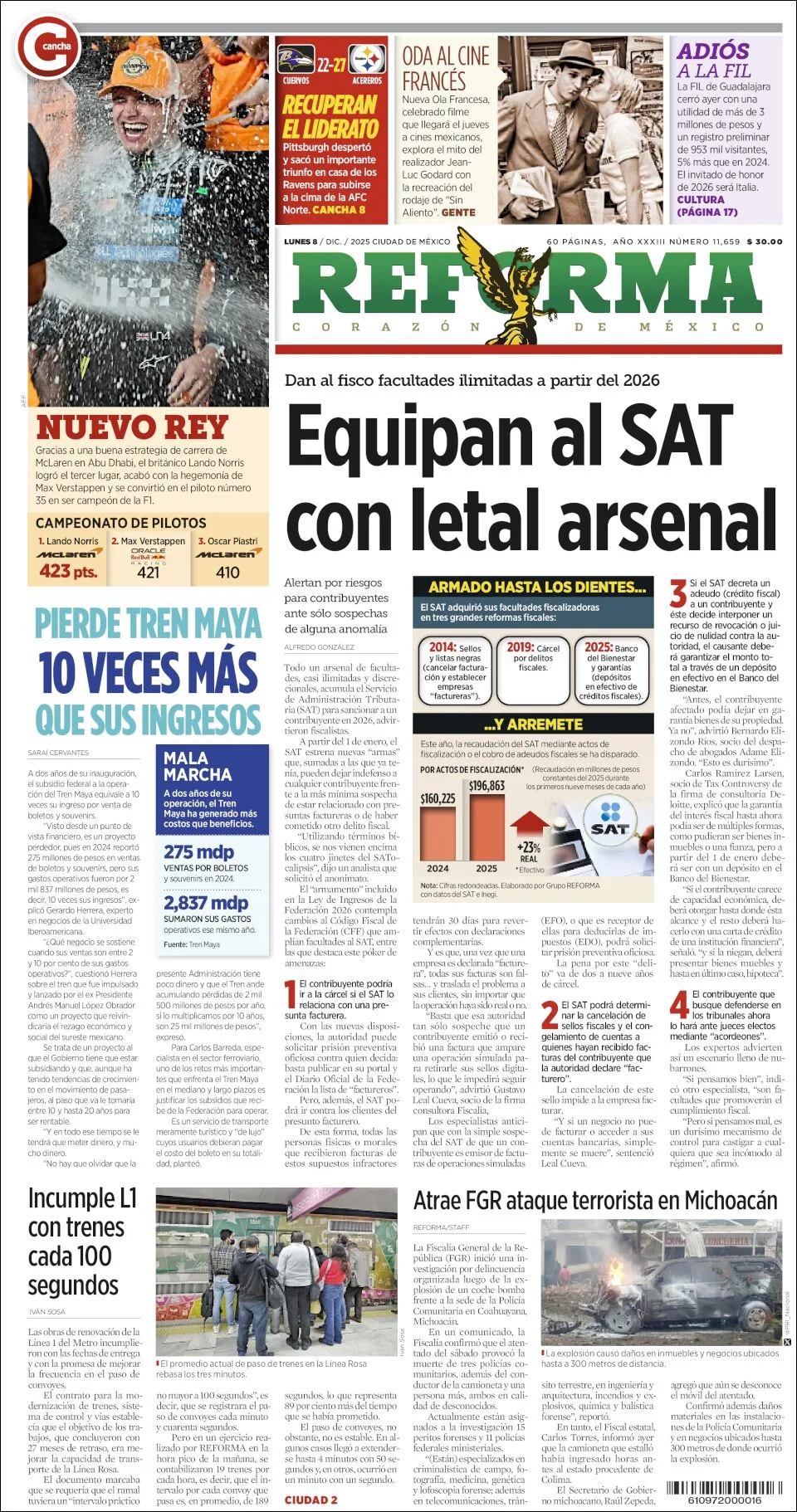 Portada de Reforma del lunes, 8 de diciembre de 2025