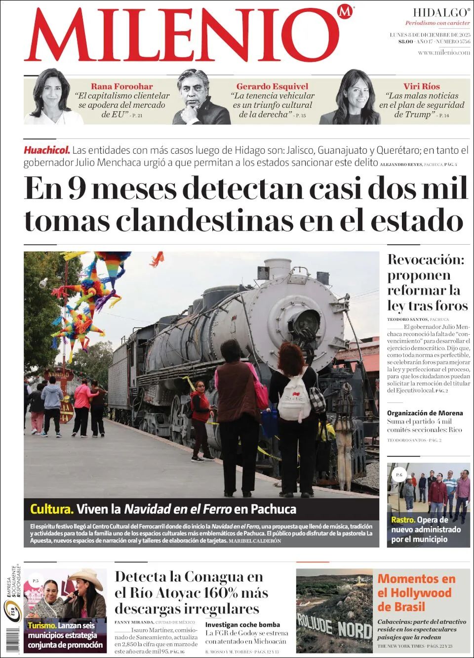 Portada de Milenio Hidalgo del lunes, 8 de diciembre de 2025