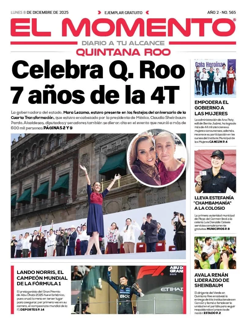 Portada de El Momento Quintana Roo del lunes, 8 de diciembre de 2025