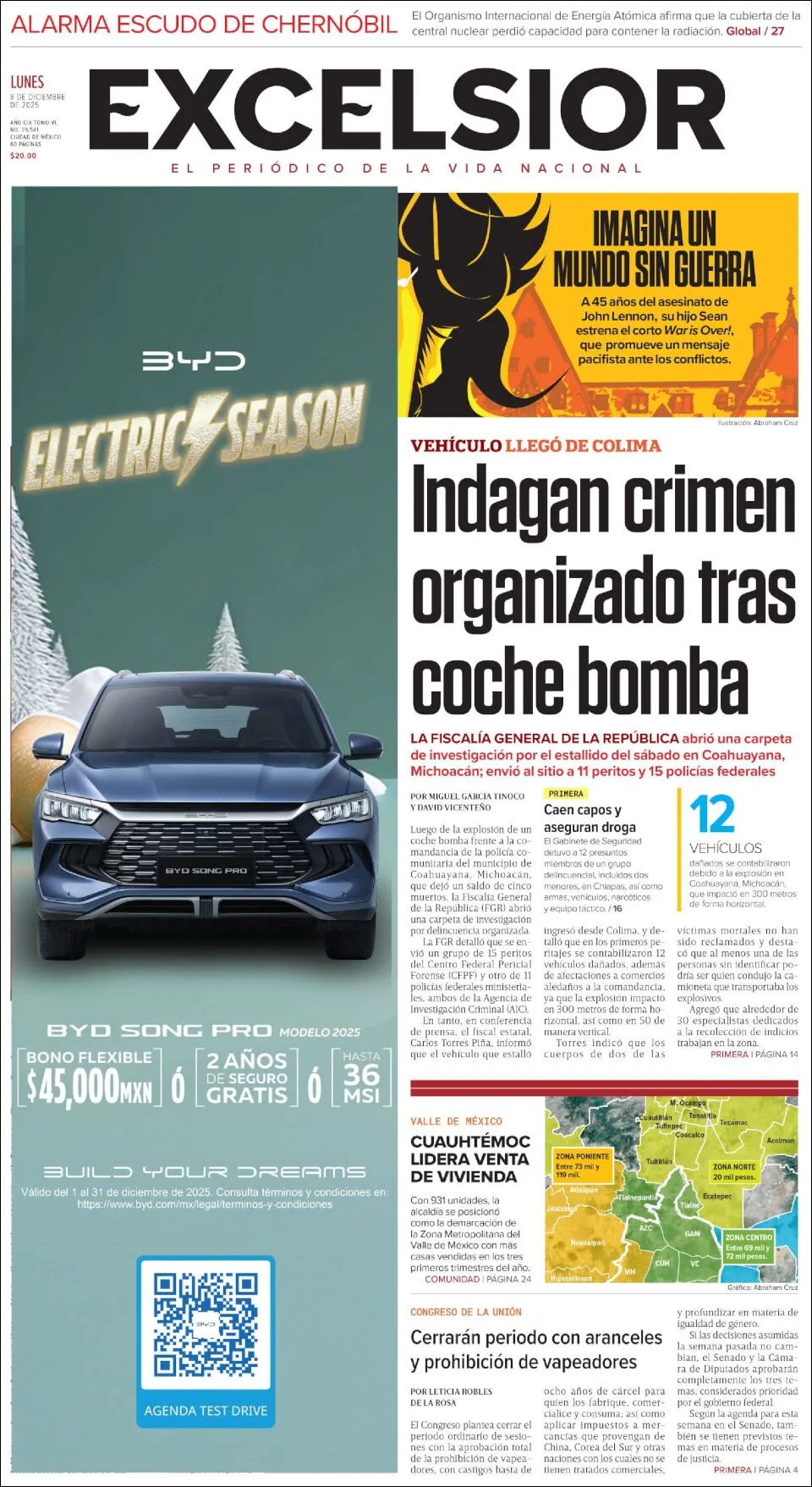 Portada de Excelsior del lunes, 8 de diciembre de 2025