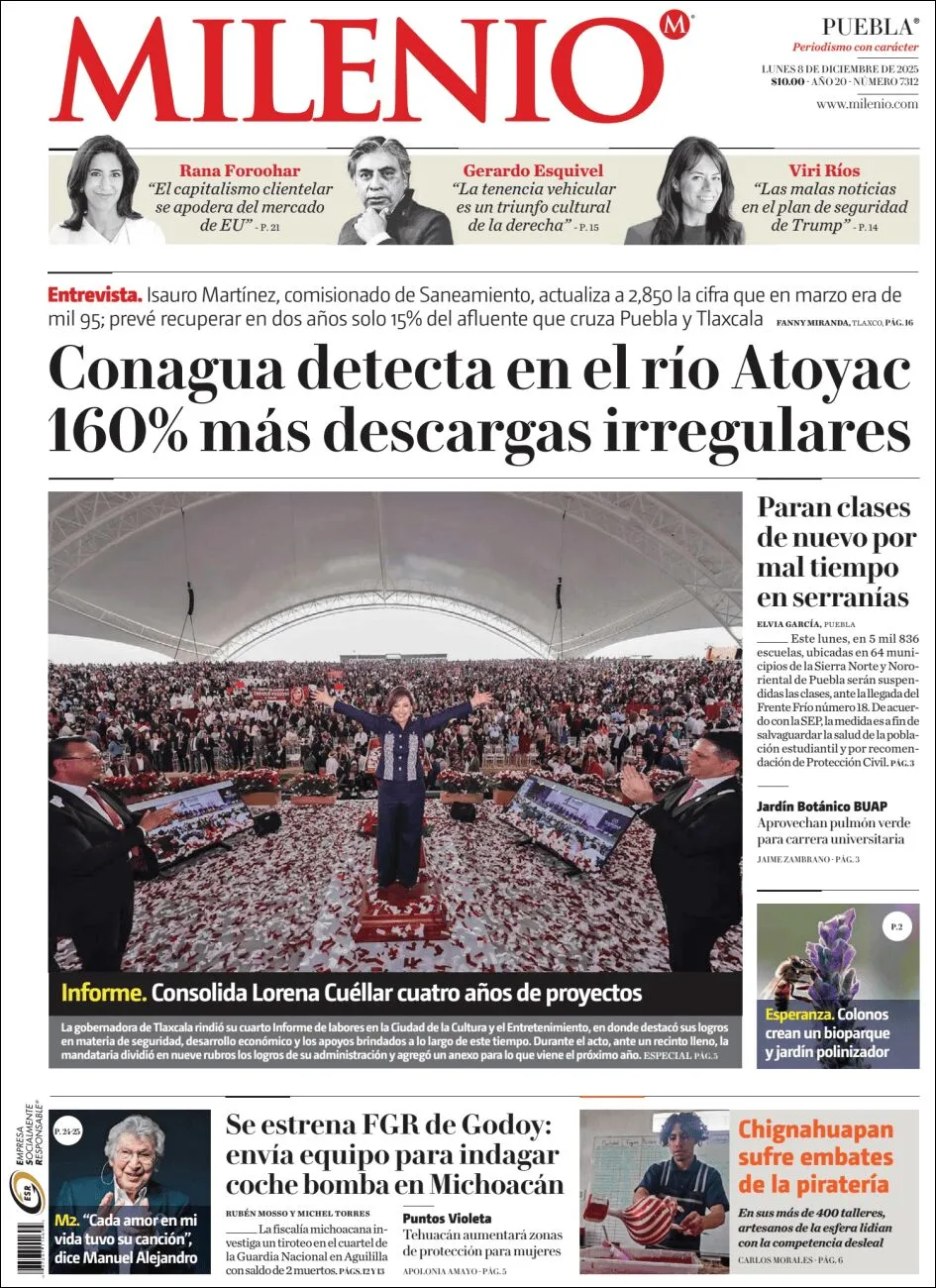 Portada de Milenio Puebla del lunes, 8 de diciembre de 2025