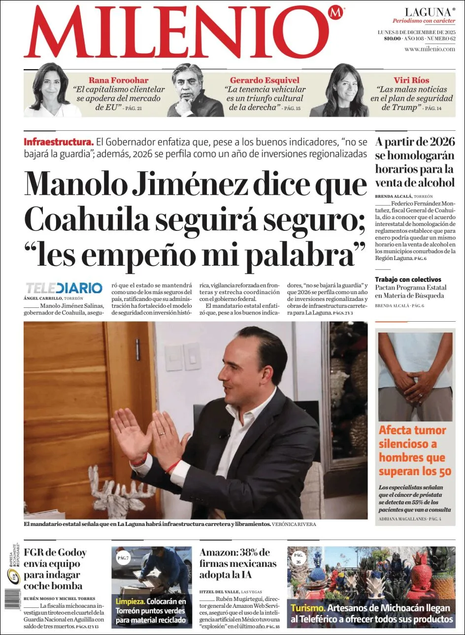 Portada de Milenio Laguna del lunes, 8 de diciembre de 2025