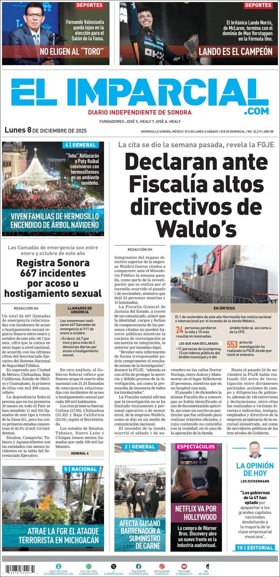 Portada de El Imparcial del lunes, 8 de diciembre de 2025