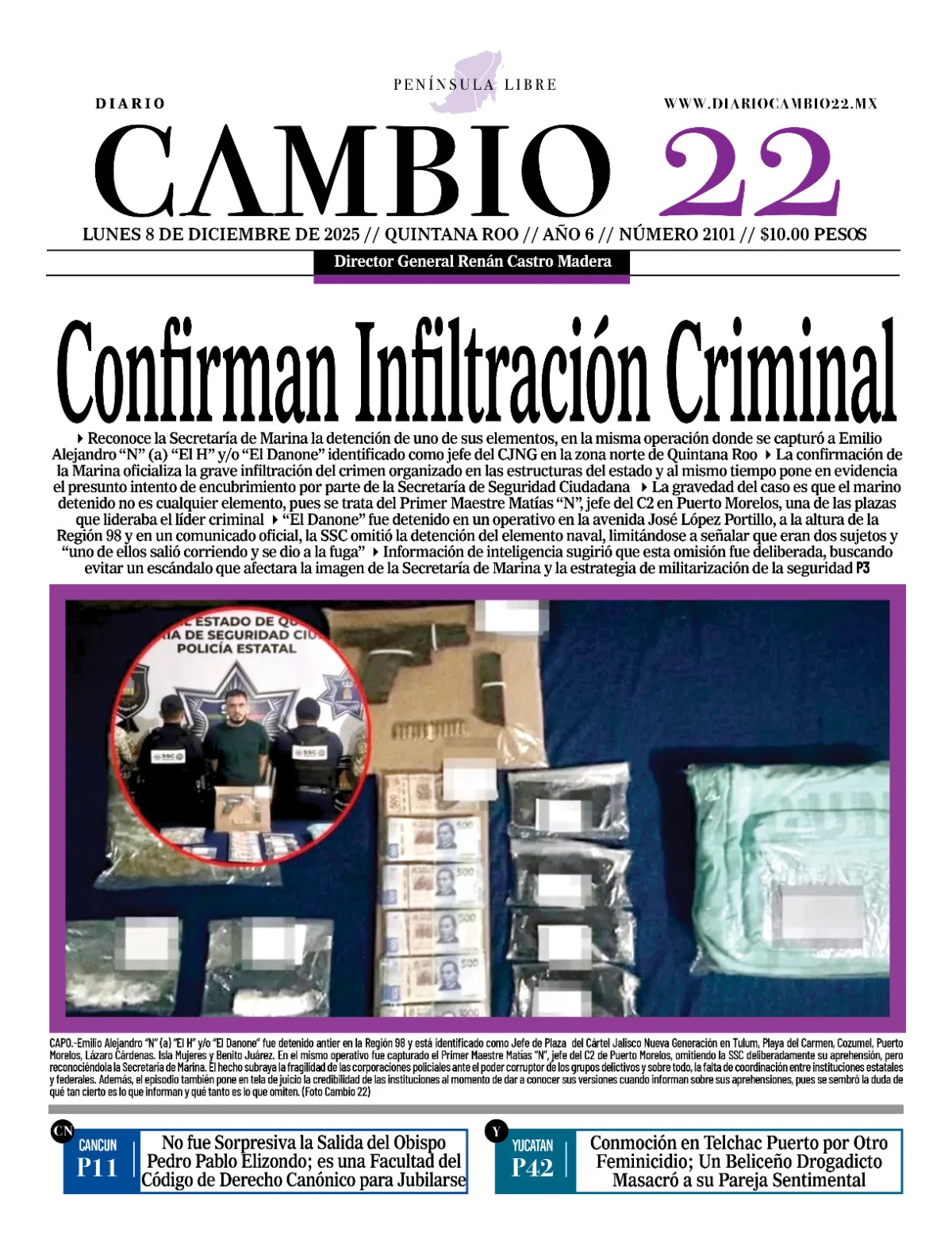 Portada de Diario Cambio 22 (portada) del lunes, 8 de diciembre de 2025