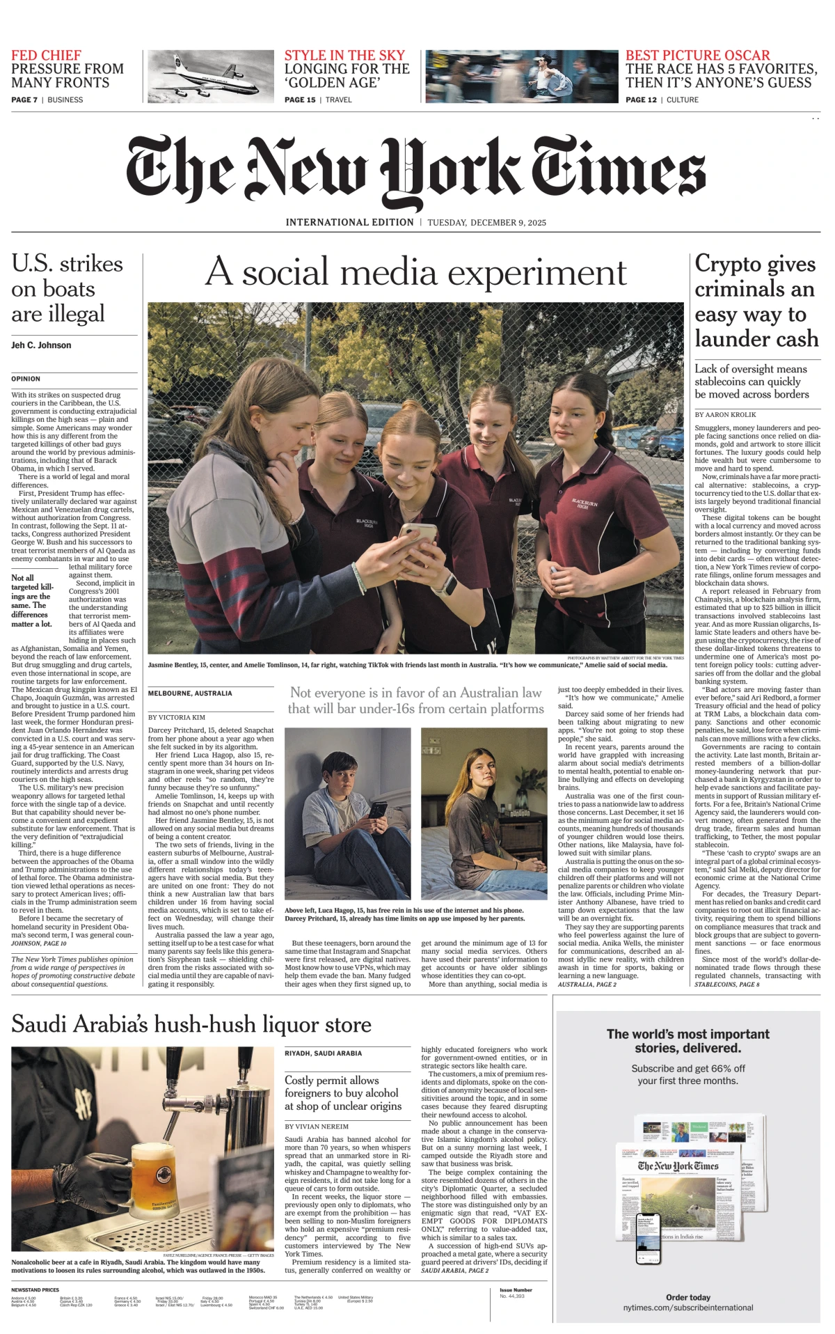 Portada de The New York Times (international) del martes, 9 de diciembre de 2025