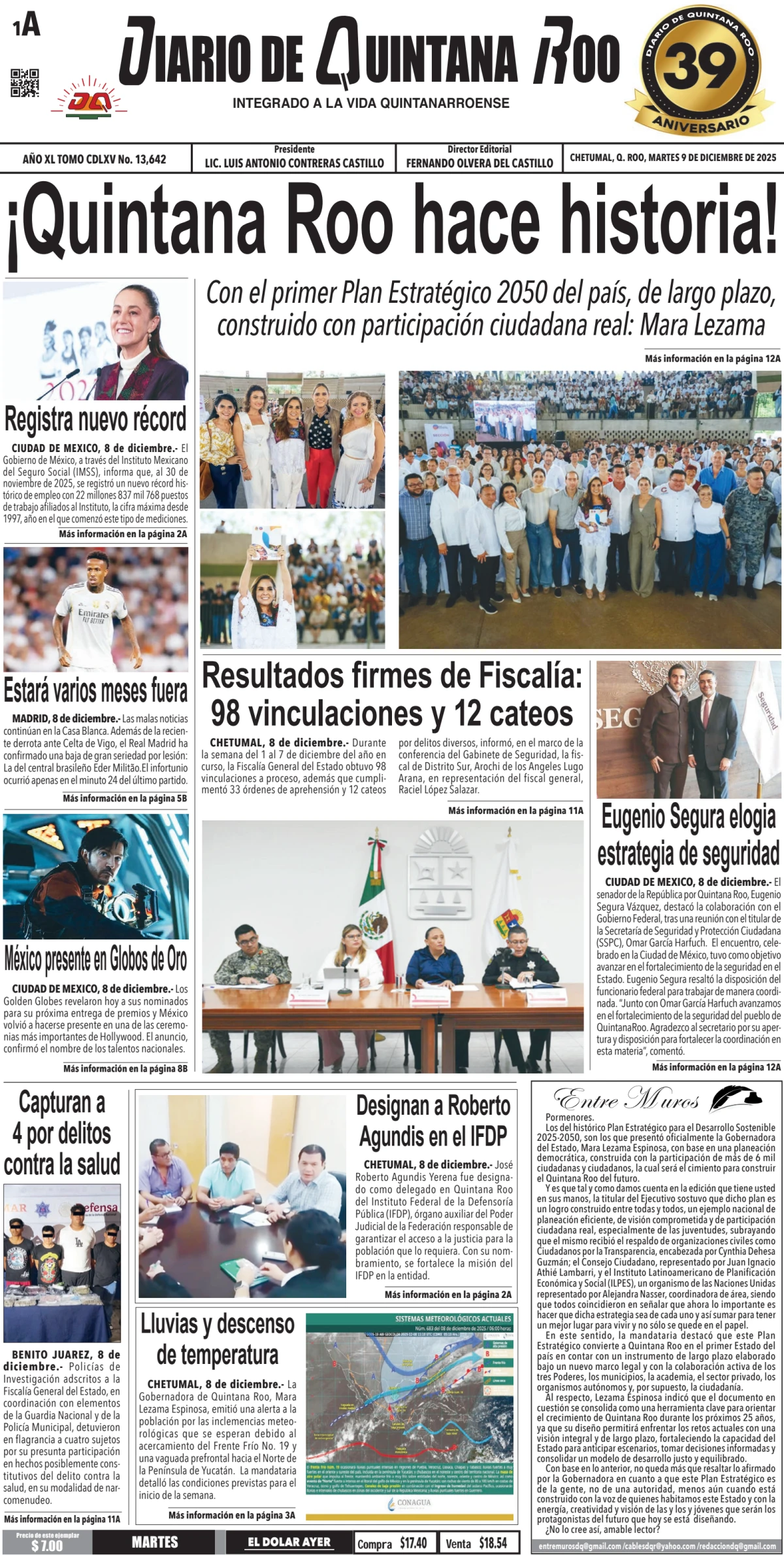 Portada de Diario de Quintana Roo (portada) del martes, 9 de diciembre de 2025