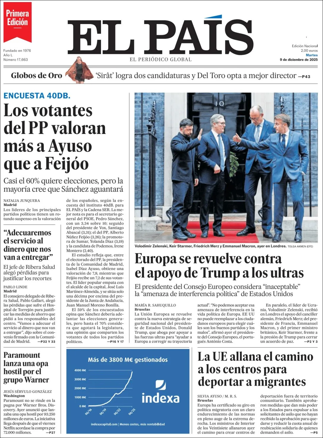 Portada de El Pais del martes, 9 de diciembre de 2025