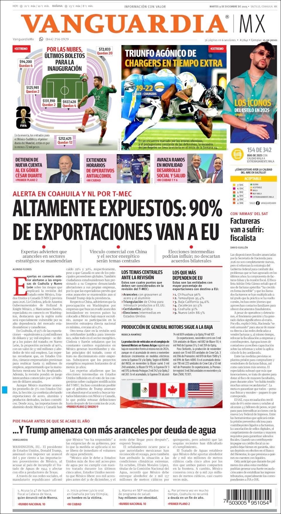 Portada de Vanguardia del martes, 9 de diciembre de 2025