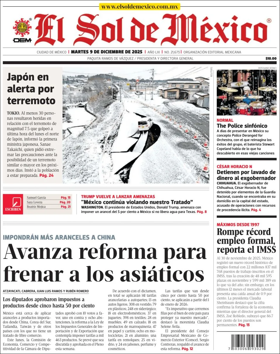Portada de El Sol de Mexico del martes, 9 de diciembre de 2025