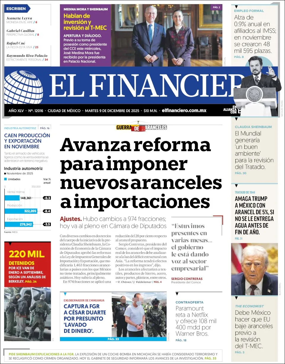 Portada de El Financiero del martes, 9 de diciembre de 2025