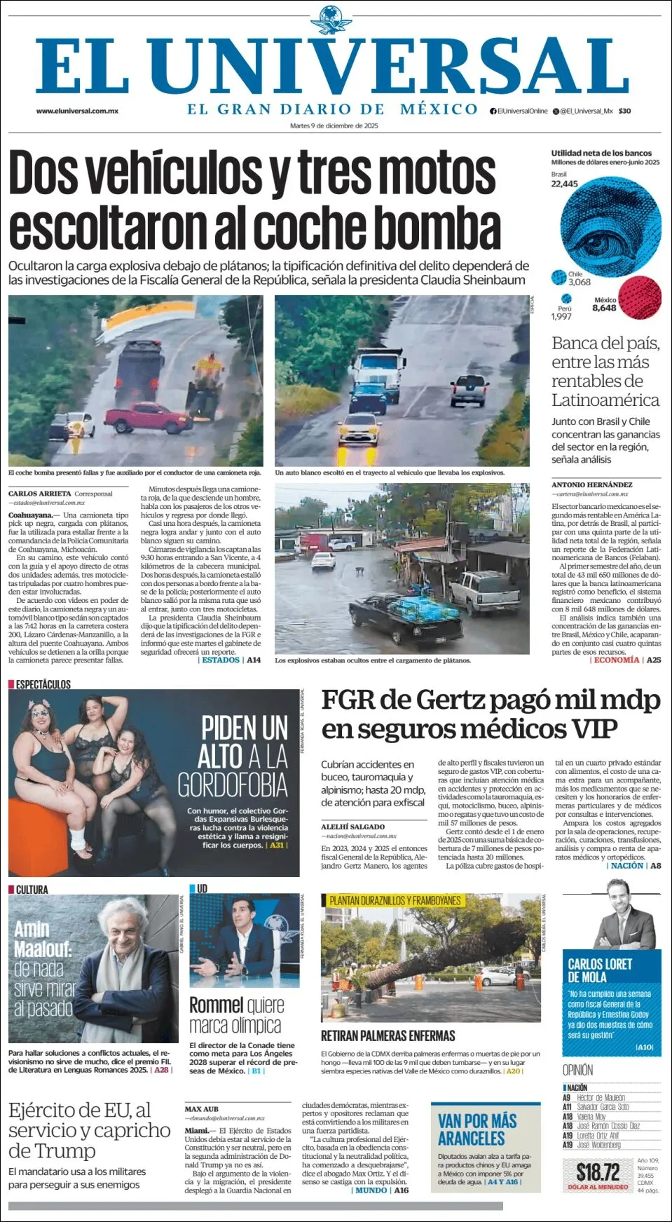 Portada de El Universal del martes, 9 de diciembre de 2025