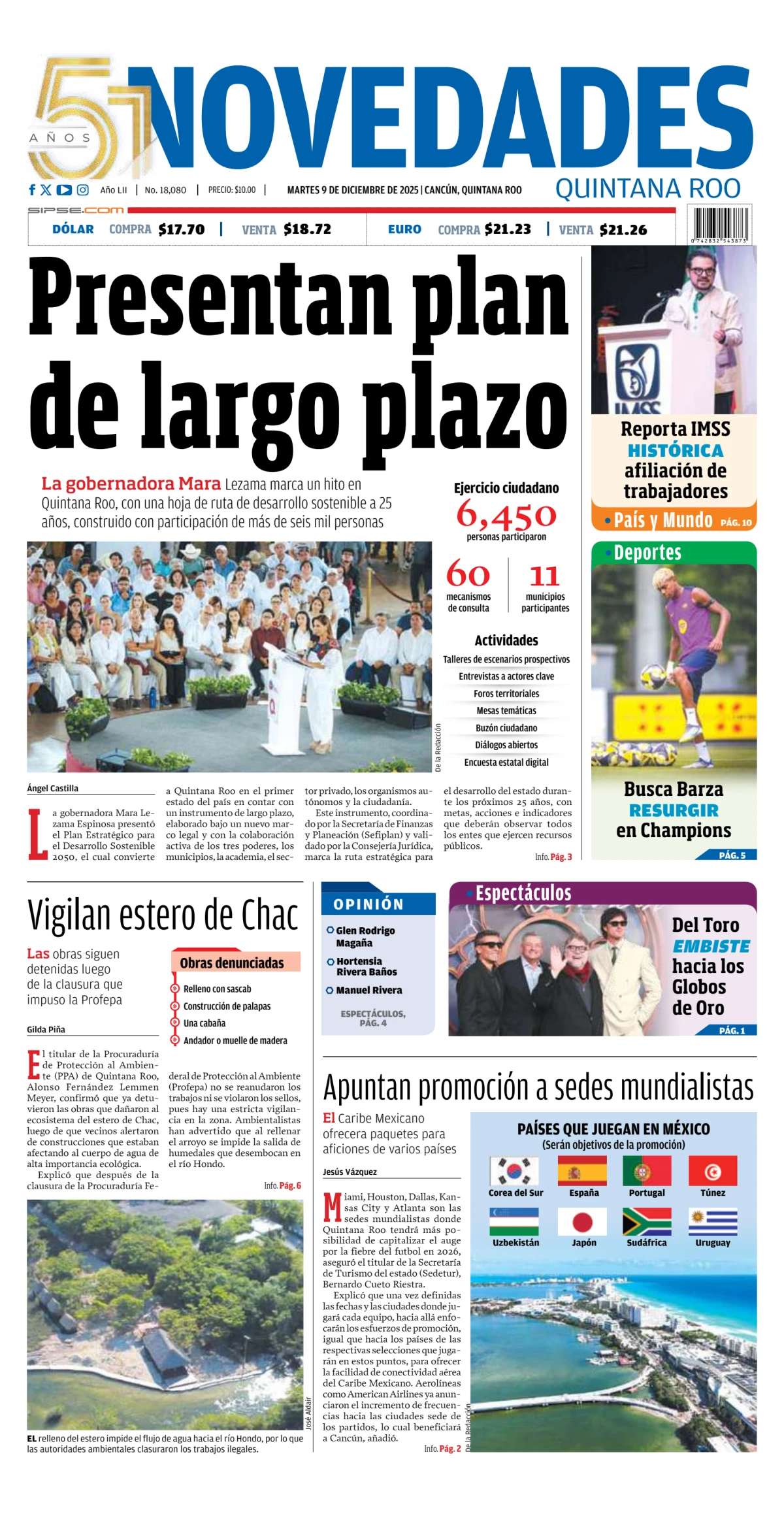 Portada de Novedades Quintana Roo del martes, 9 de diciembre de 2025