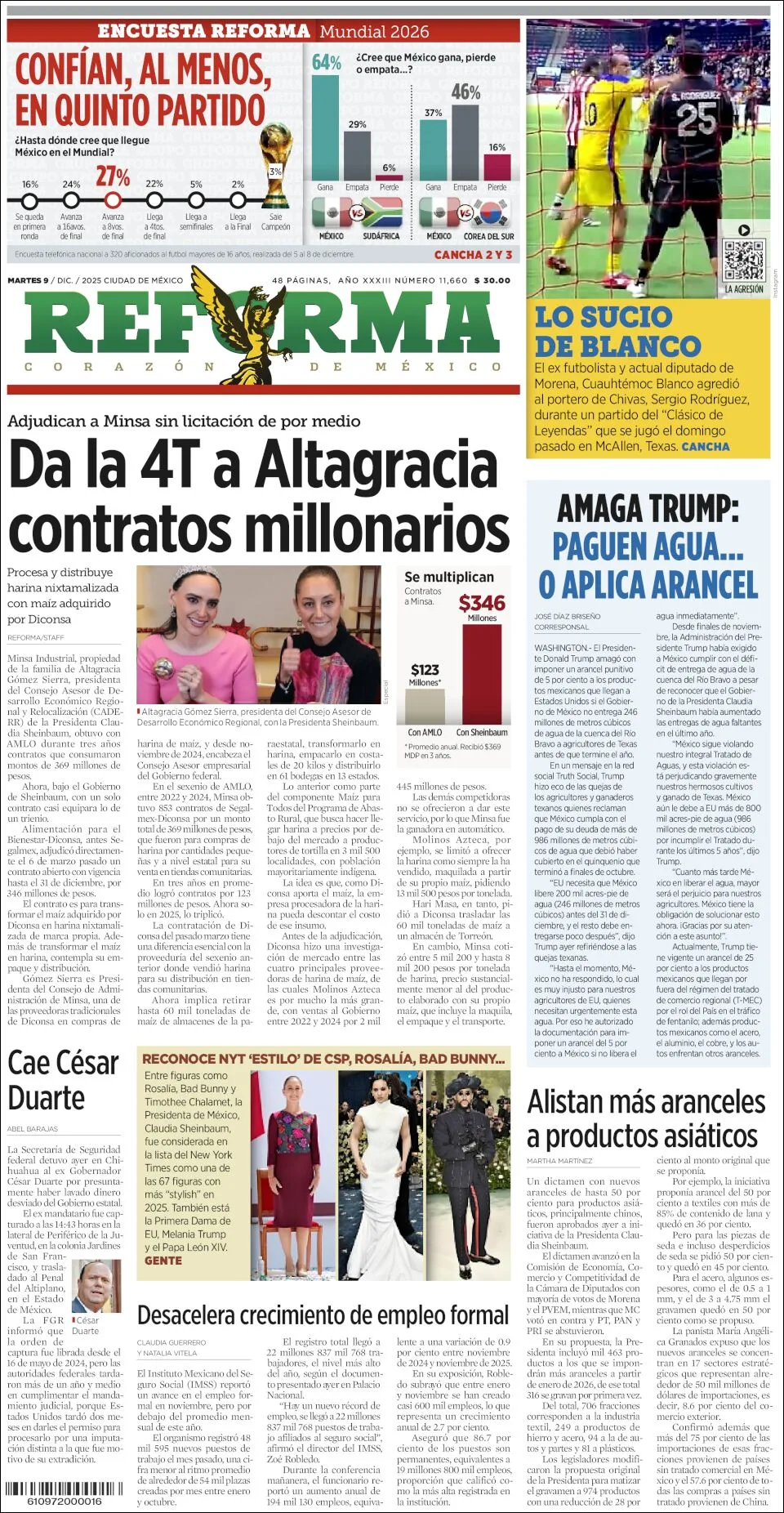 Portada de Reforma del martes, 9 de diciembre de 2025
