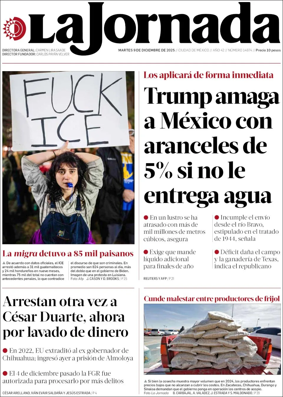 Portada de La Jornada del martes, 9 de diciembre de 2025