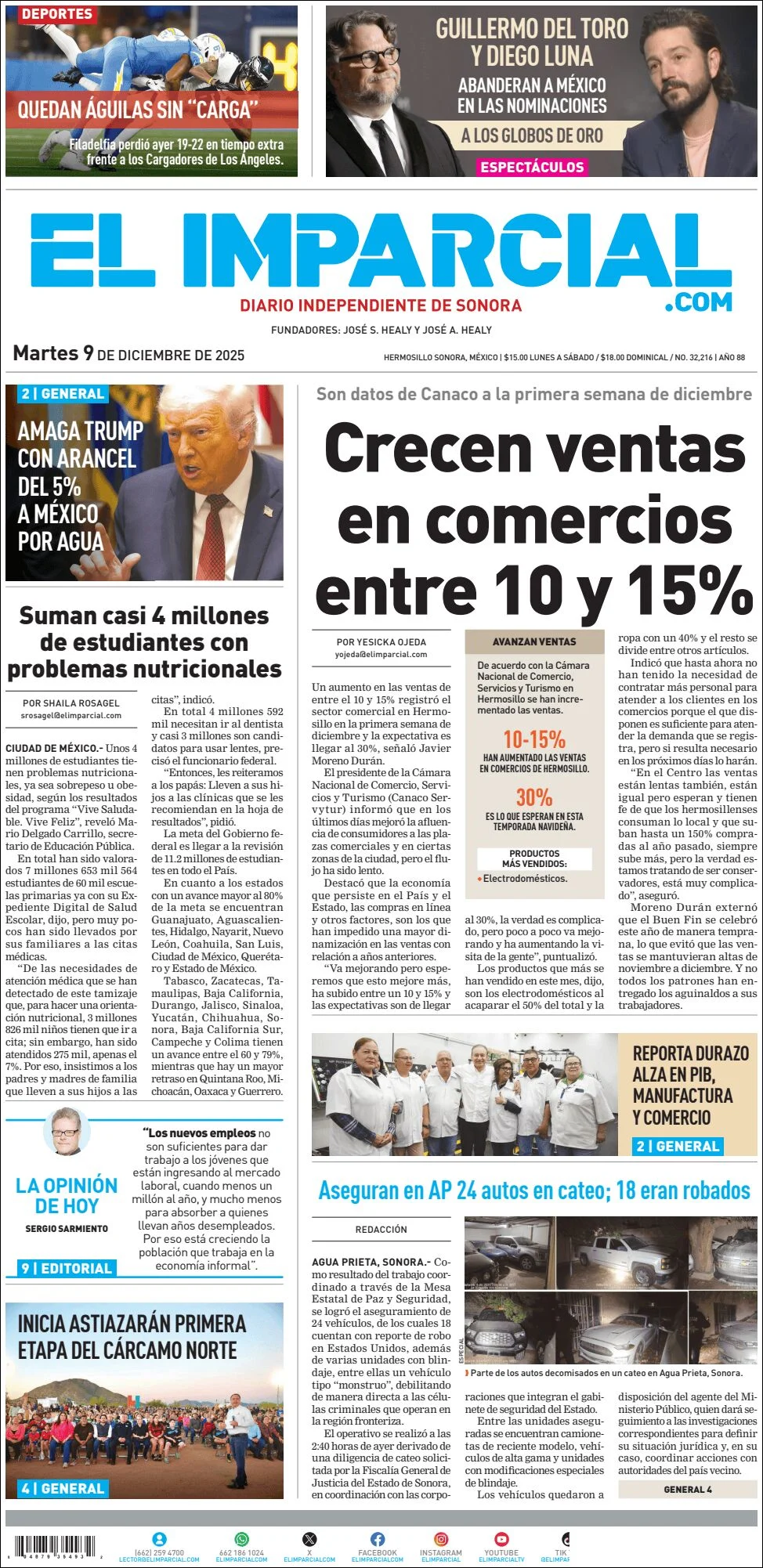 Portada de El Imparcial del martes, 9 de diciembre de 2025