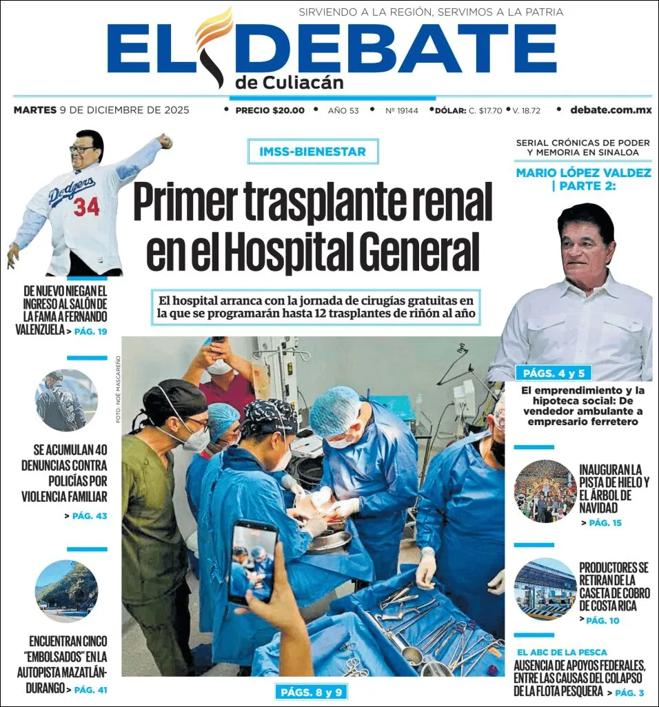 Portada de El Debate de Culiacan del martes, 9 de diciembre de 2025