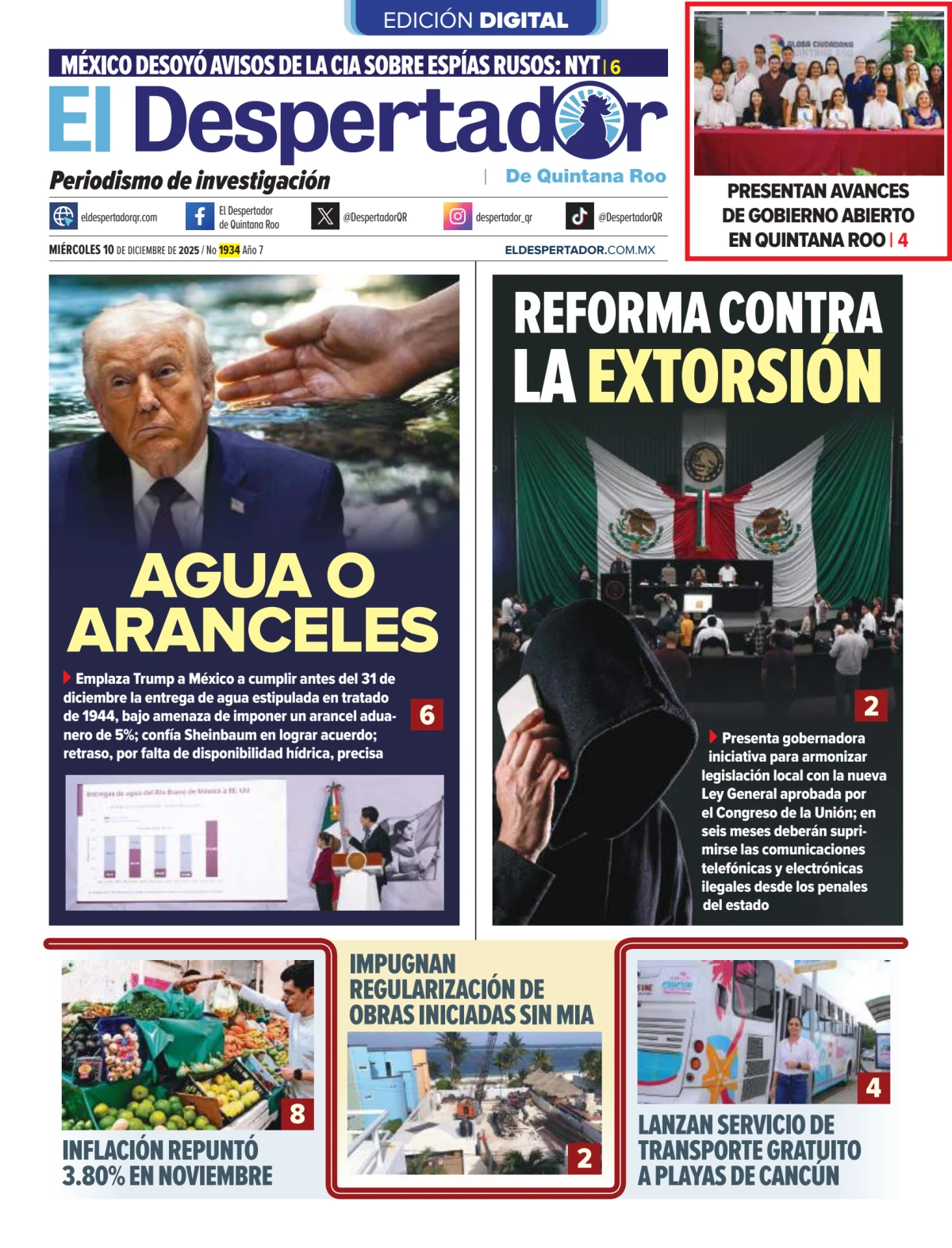 Portada de El Despertador de Quintana Roo del miércoles, 10 de diciembre de 2025