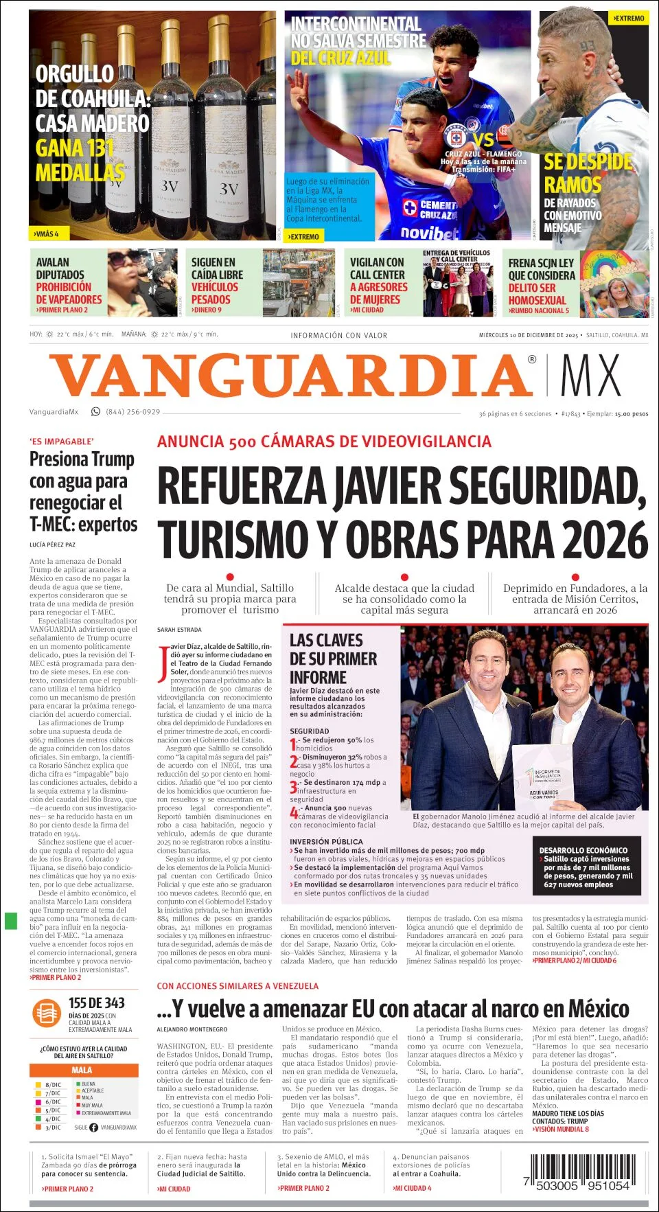 Portada de Vanguardia del miércoles, 10 de diciembre de 2025