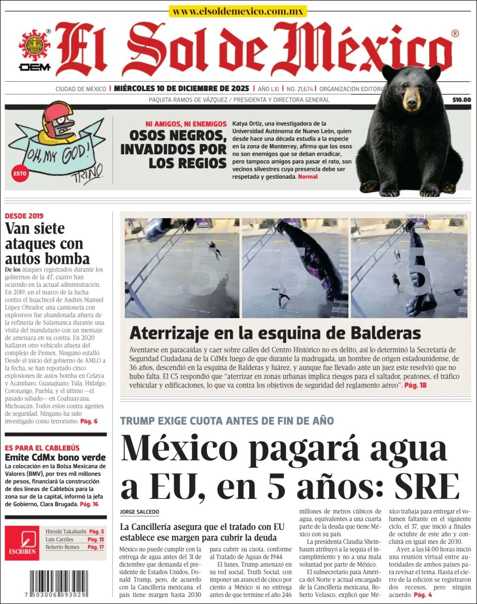 Portada de El Sol de Mexico del miércoles, 10 de diciembre de 2025