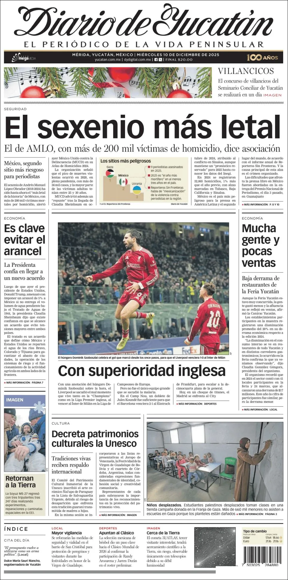 Portada de Diario de Yucatán del miércoles, 10 de diciembre de 2025
