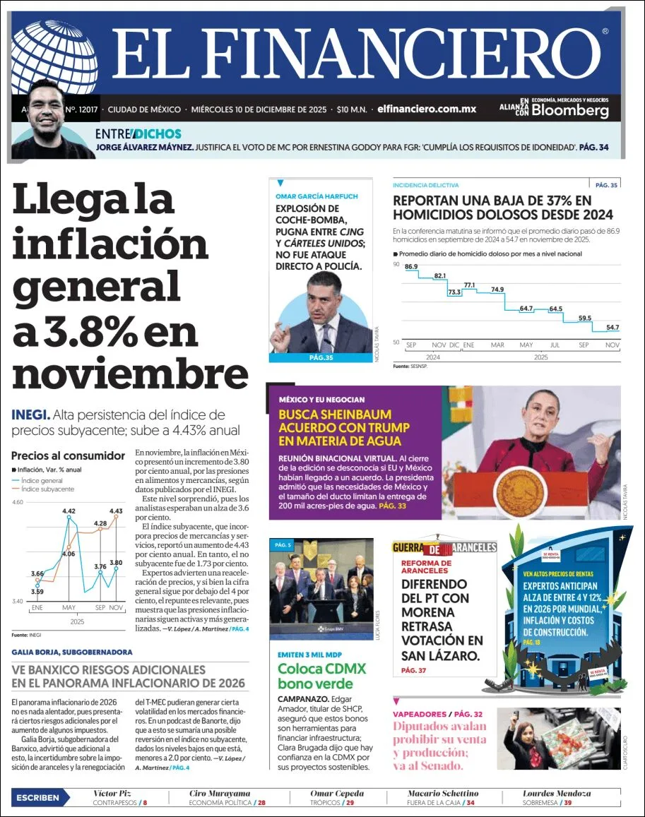 Portada de El Financiero del miércoles, 10 de diciembre de 2025