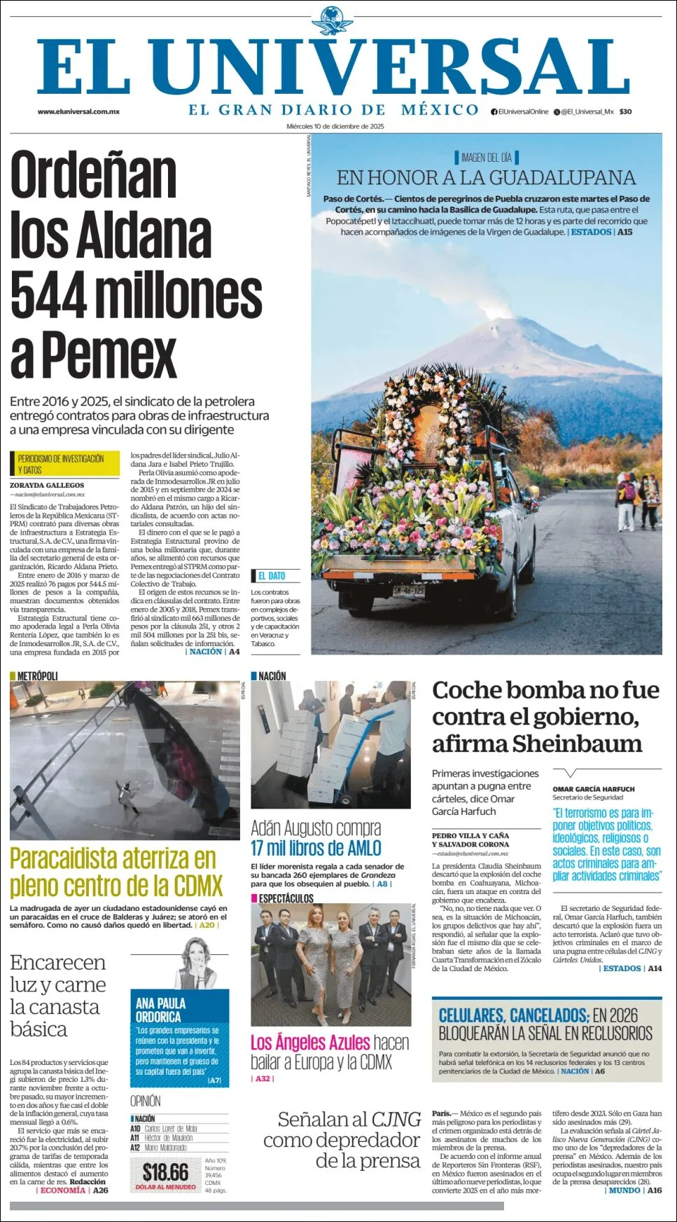 Portada de El Universal del miércoles, 10 de diciembre de 2025