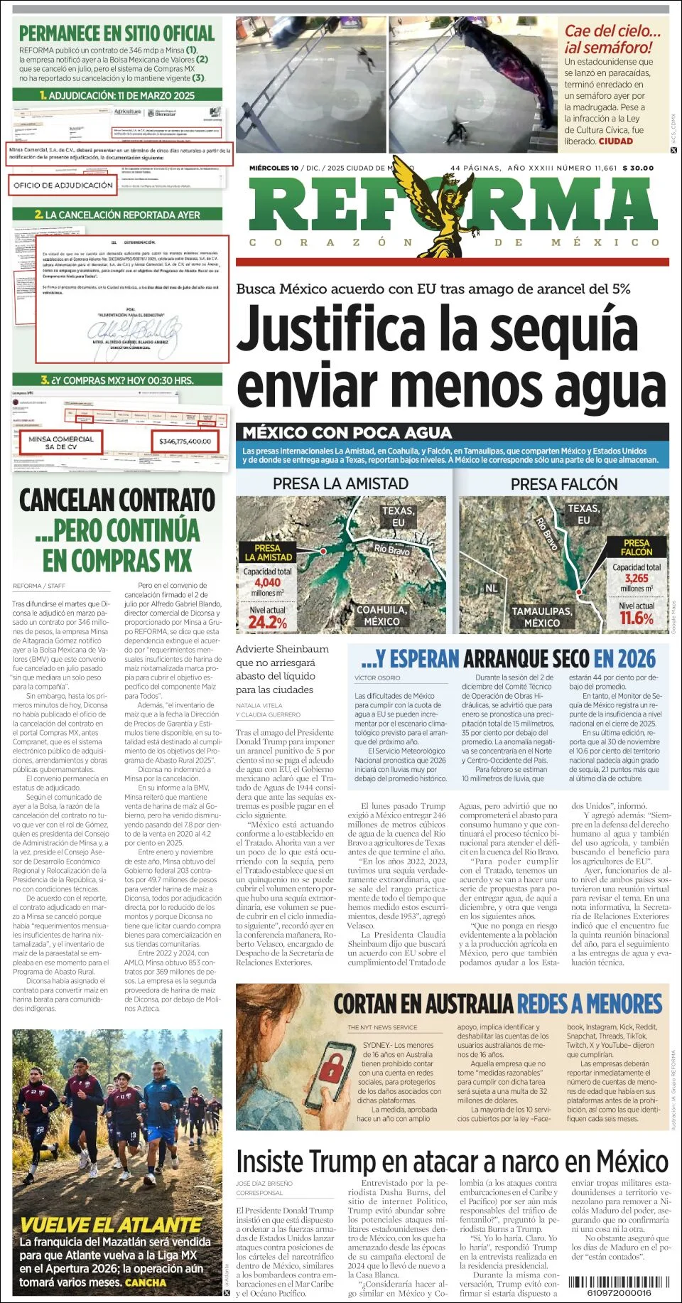 Portada de Reforma del miércoles, 10 de diciembre de 2025