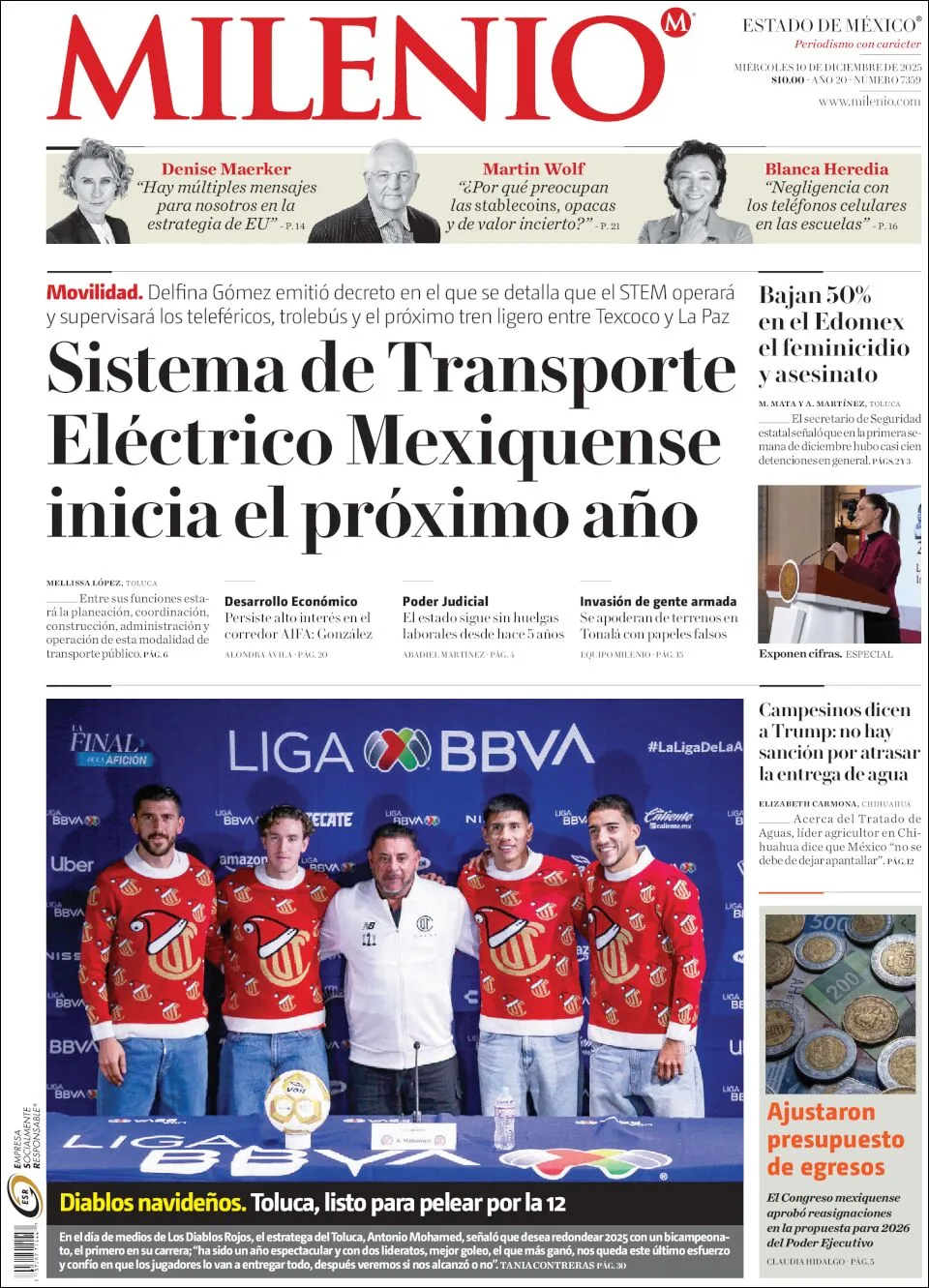 Portada de Milenio Edo de Mexico del miércoles, 10 de diciembre de 2025