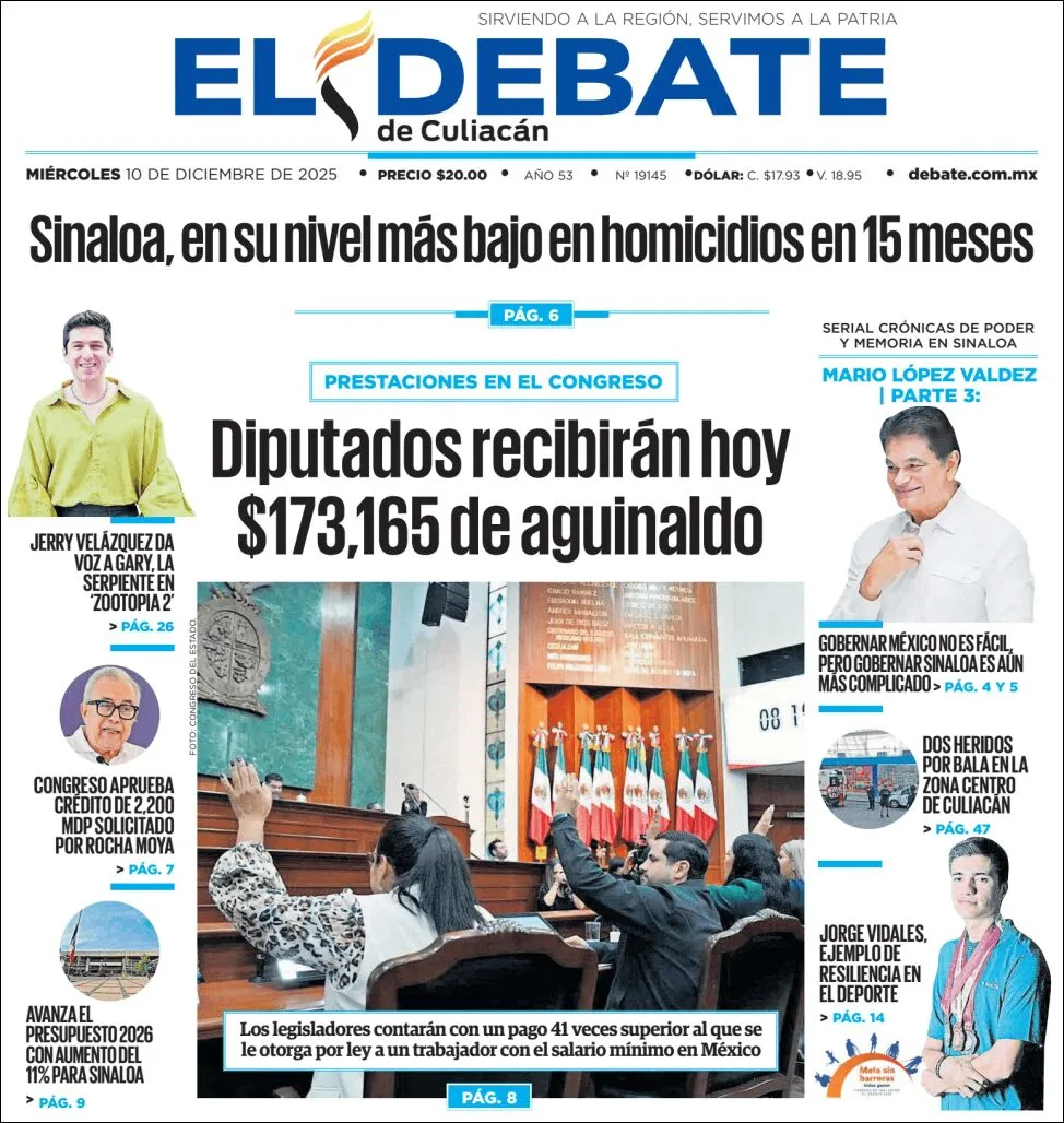 Portada de El Debate de Culiacan del miércoles, 10 de diciembre de 2025