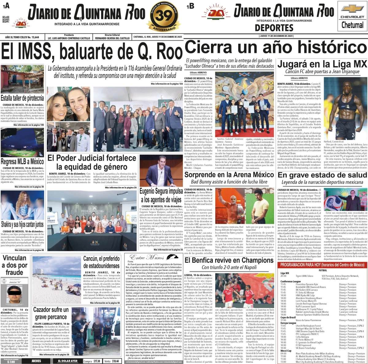 Portada de Diario de Quintana Roo (portada) del jueves, 11 de diciembre de 2025