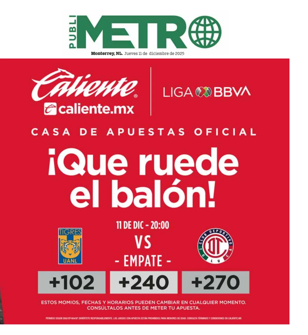 Portada de Publimetro Monterrey del jueves, 11 de diciembre de 2025
