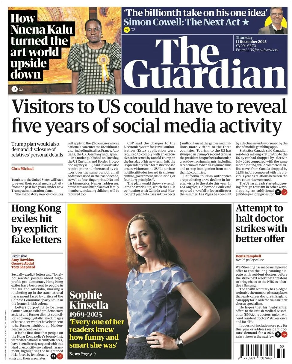 Portada de The Guardian (reino Unido) del jueves, 11 de diciembre de 2025