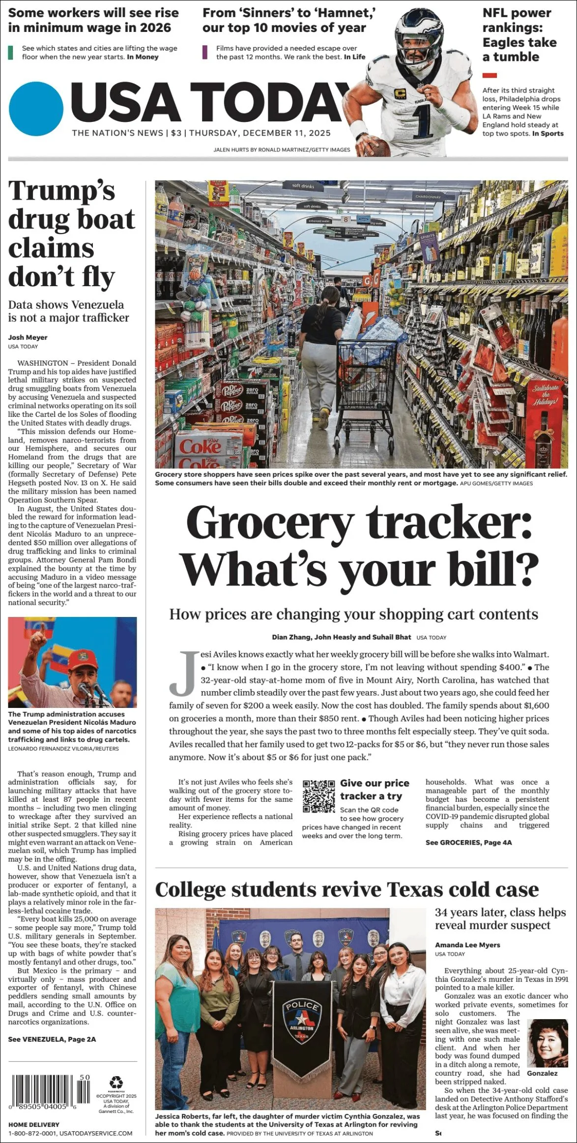 Portada de Usa Today del jueves, 11 de diciembre de 2025