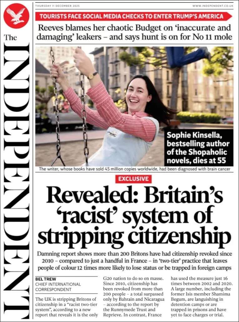 Portada de The Independent del jueves, 11 de diciembre de 2025