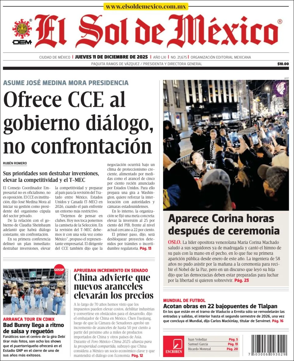 Portada de El Sol de Mexico del jueves, 11 de diciembre de 2025