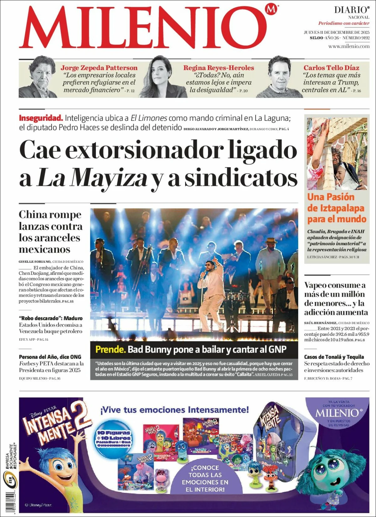 Portada de Milenio del jueves, 11 de diciembre de 2025