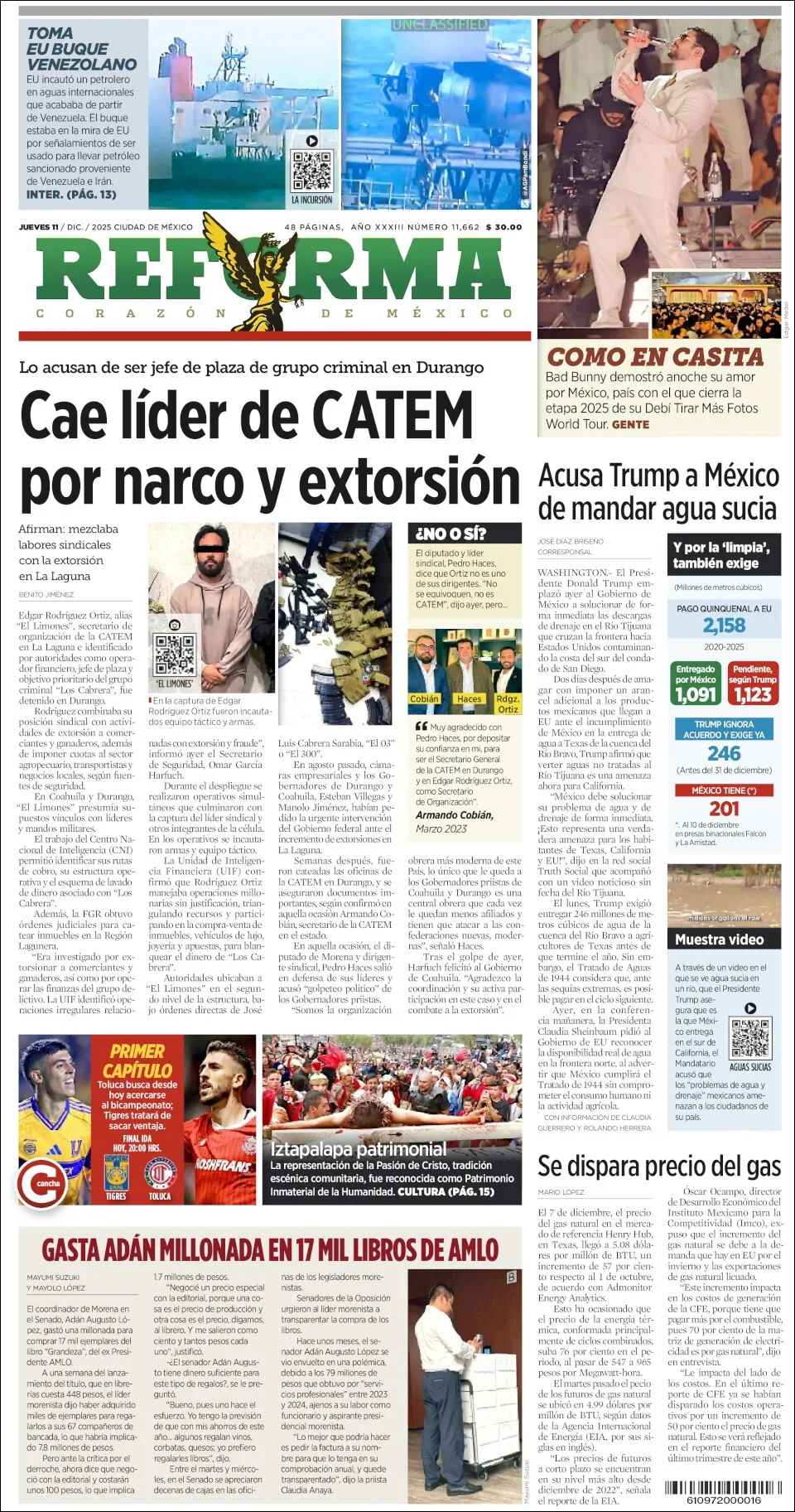 Portada de Reforma del jueves, 11 de diciembre de 2025