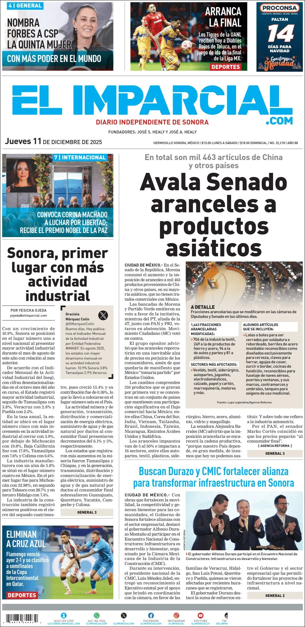 Portada de El Imparcial del jueves, 11 de diciembre de 2025