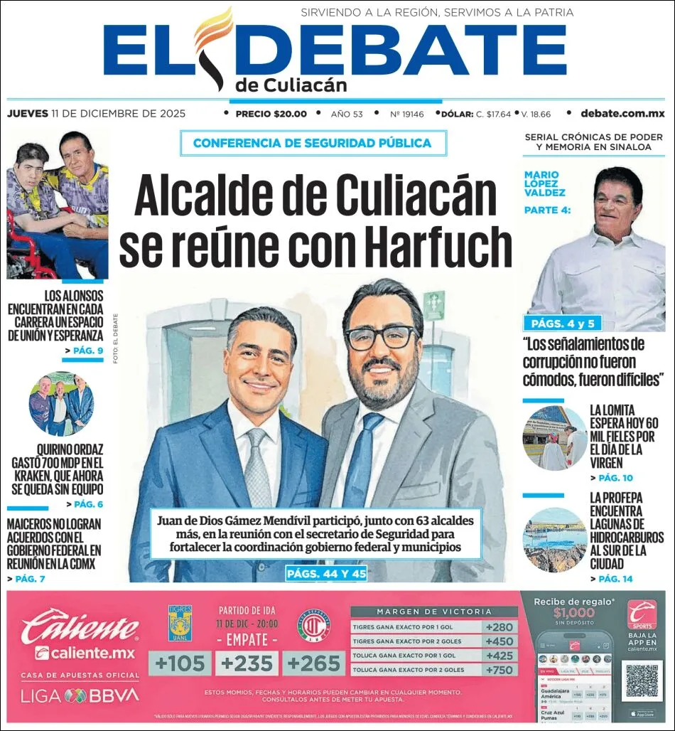 Portada de El Debate de Culiacan del jueves, 11 de diciembre de 2025