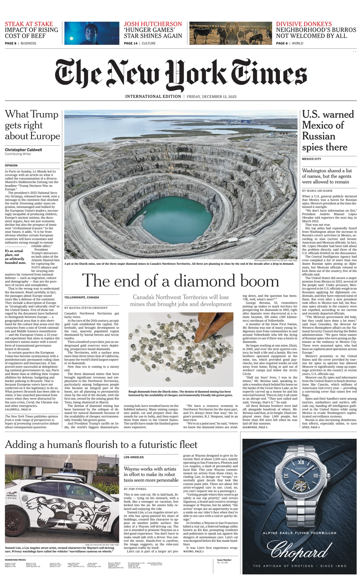 Portada de The New York Times (international) del viernes, 12 de diciembre de 2025