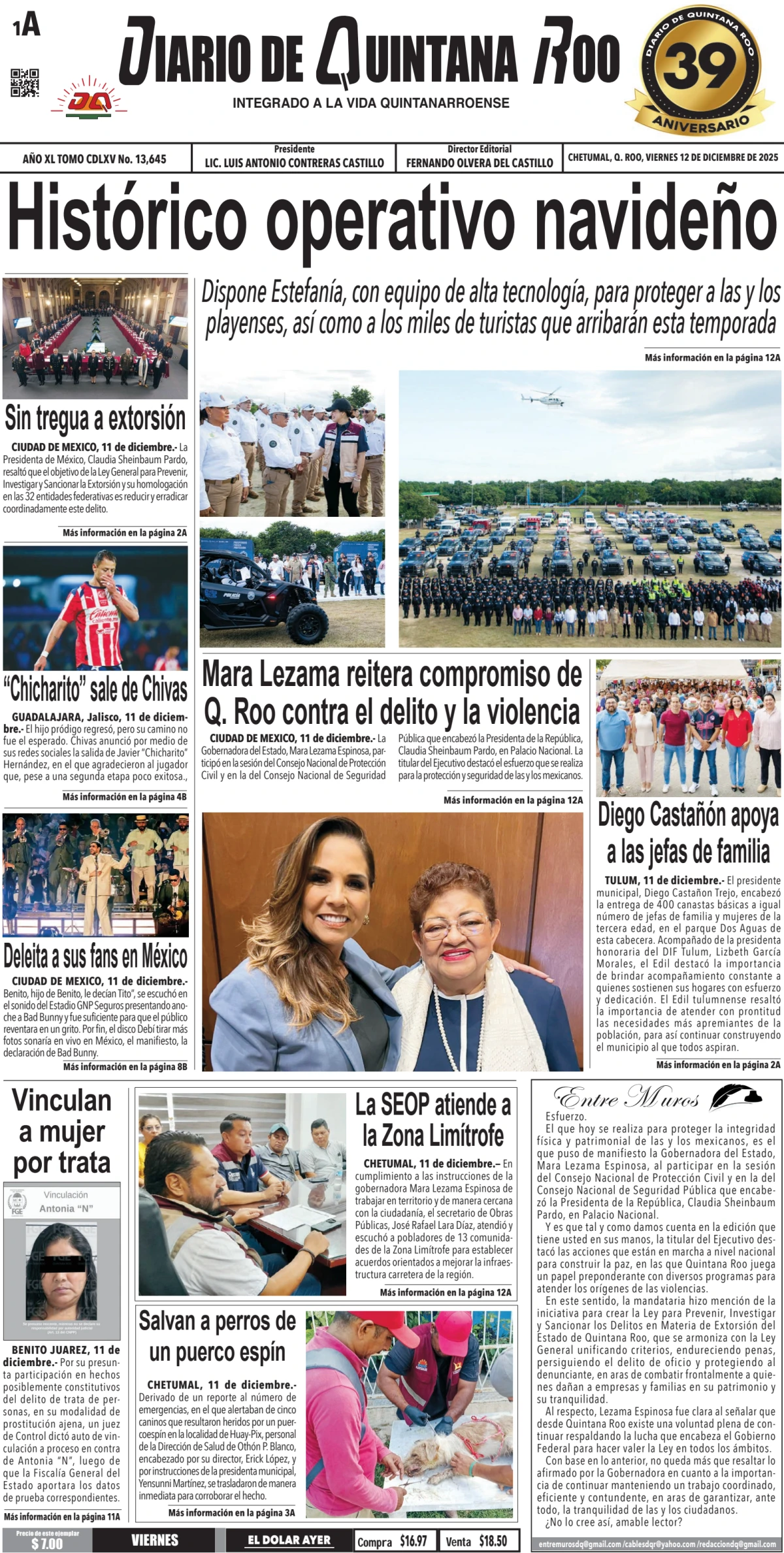 Portada de Diario de Quintana Roo (portada) del viernes, 12 de diciembre de 2025