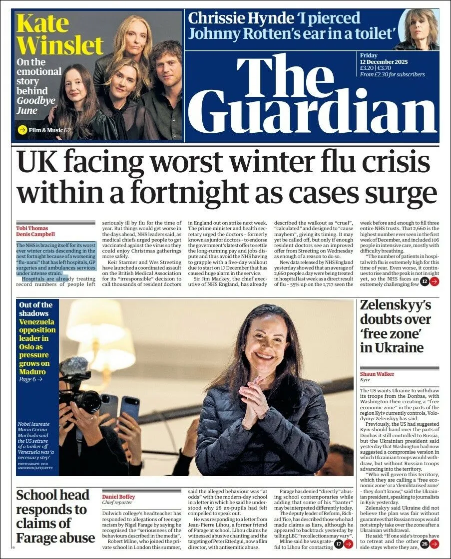 Portada de The Guardian (reino Unido) del viernes, 12 de diciembre de 2025