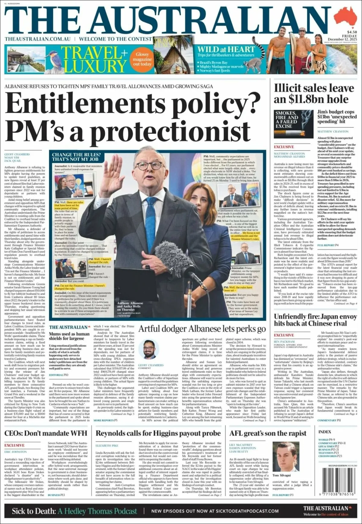 Portada de The Australian del viernes, 12 de diciembre de 2025