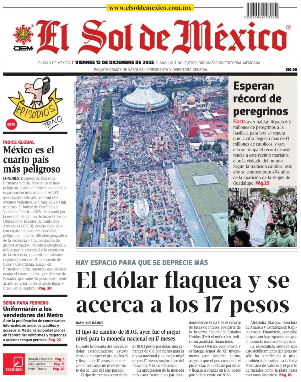 Portada de El Sol de Mexico del viernes, 12 de diciembre de 2025