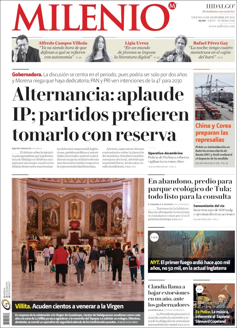 Portada de Milenio Hidalgo del viernes, 12 de diciembre de 2025