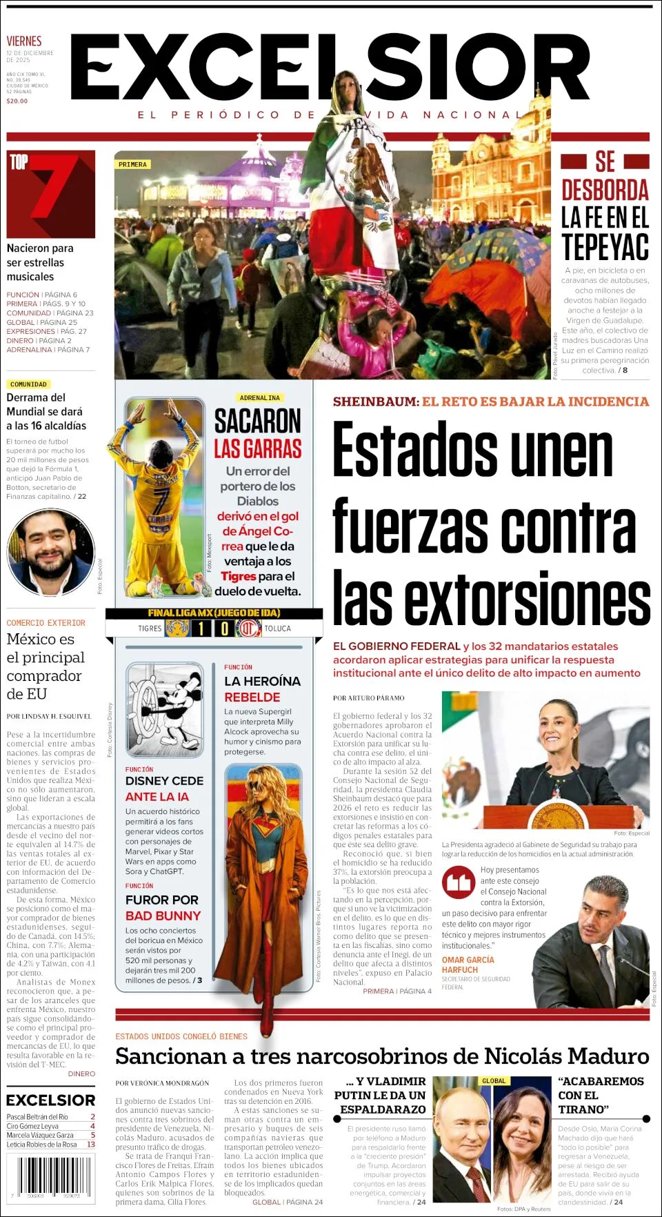 Portada de Excelsior del viernes, 12 de diciembre de 2025