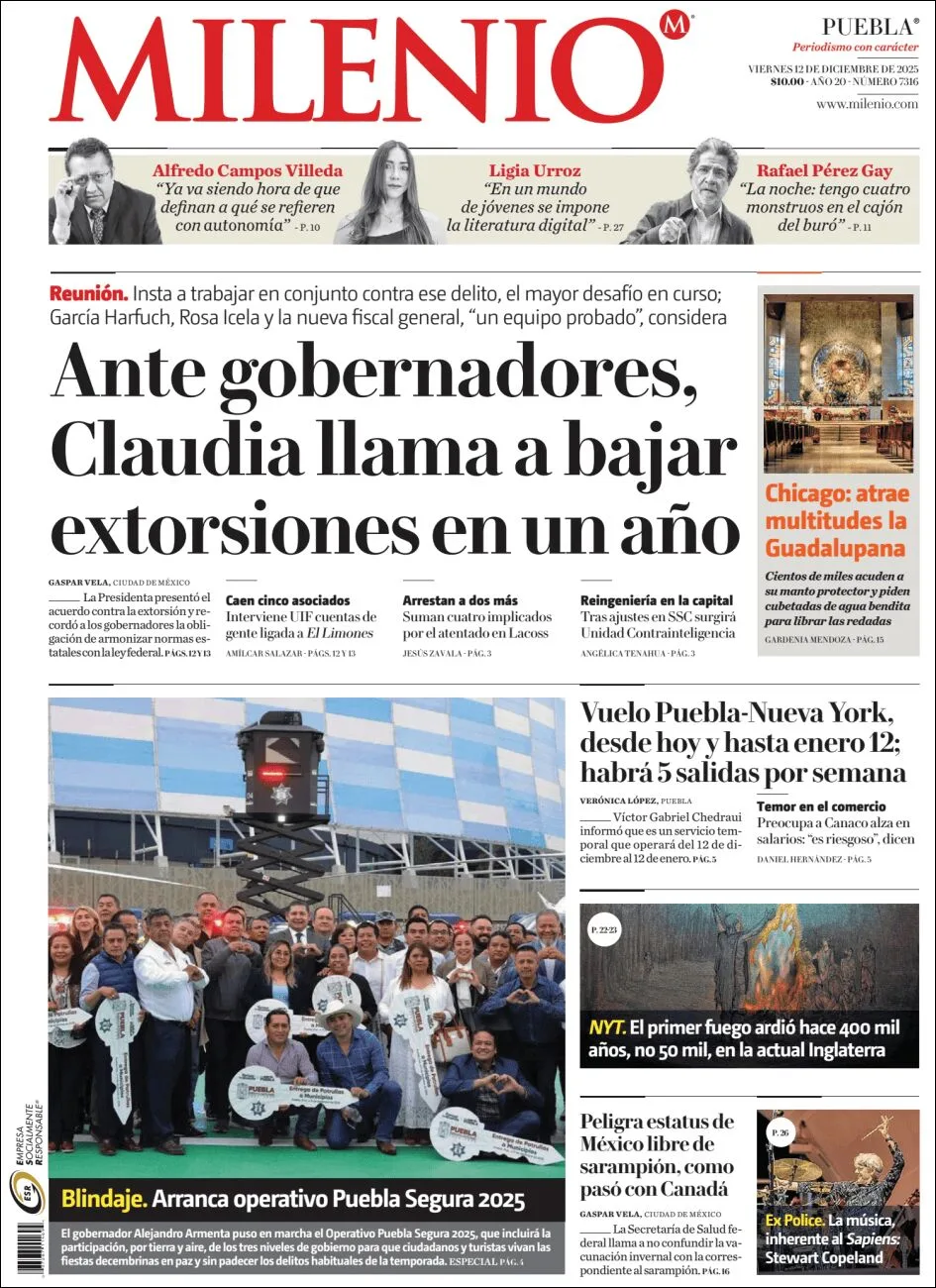 Portada de Milenio Puebla del viernes, 12 de diciembre de 2025