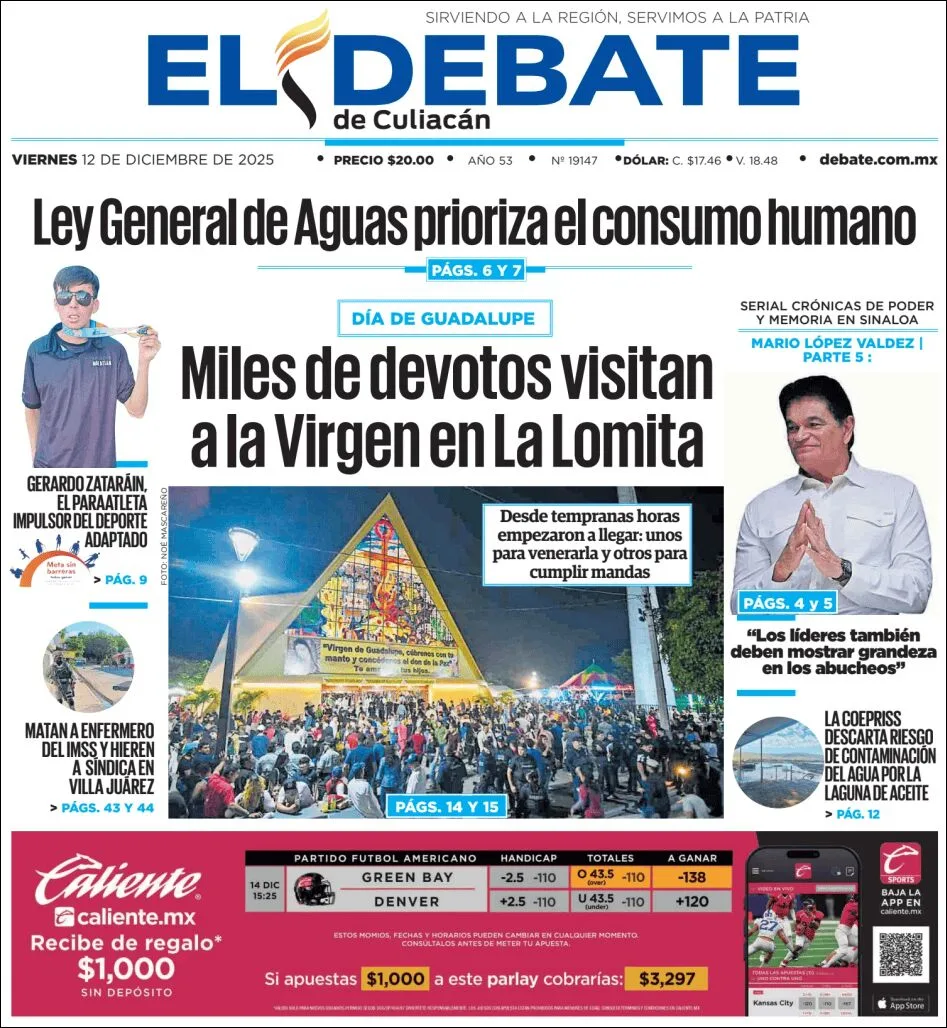 Portada de El Debate de Culiacan del viernes, 12 de diciembre de 2025