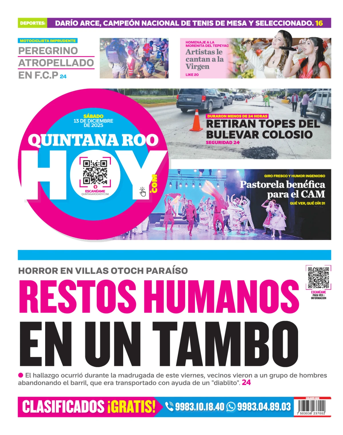 Portada de Quintana Roo Hoy (contraportada) del sábado, 13 de diciembre de 2025